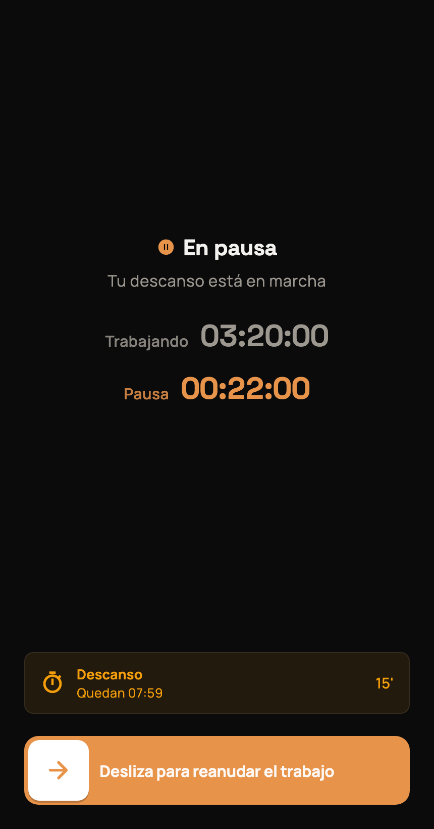 Pausa en curso en modo oscuro con datos ficticios