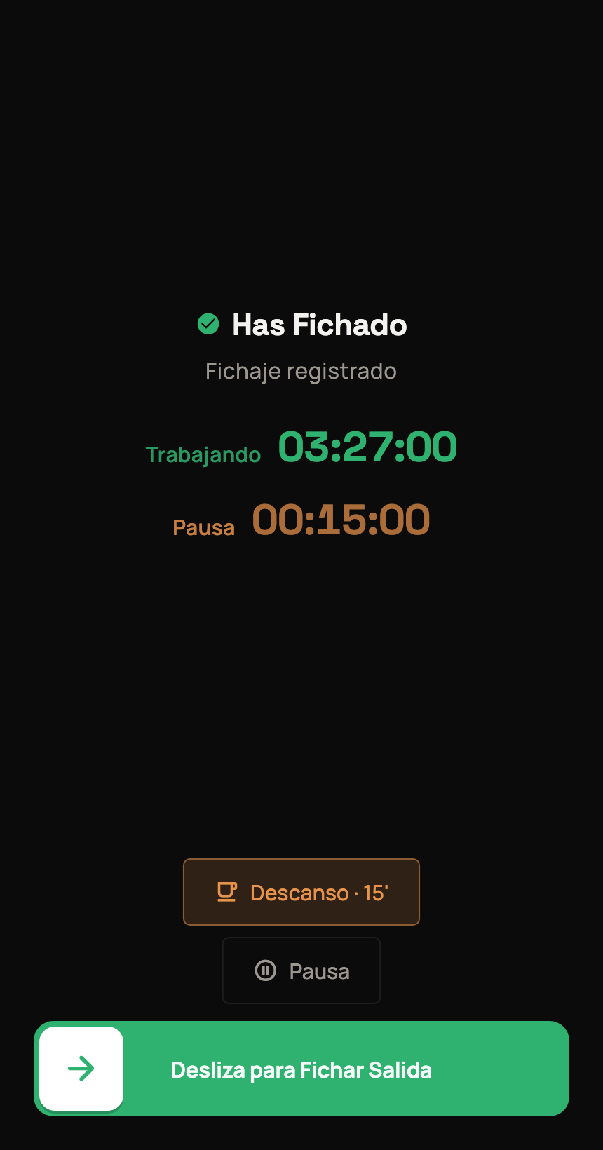 Fichaje en curso en modo oscuro con datos ficticios
