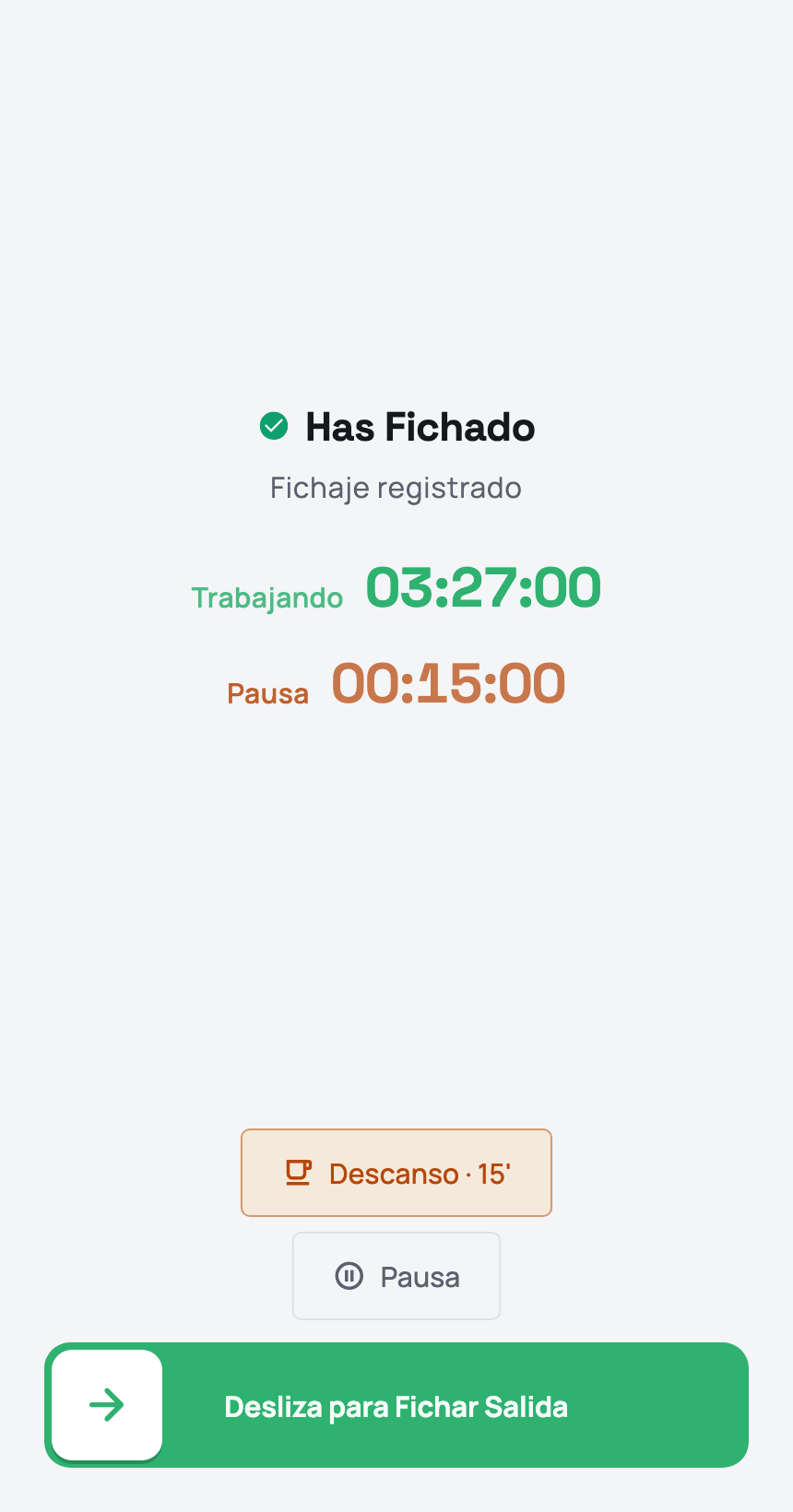 Pantalla real de fichaje con datos ficticios