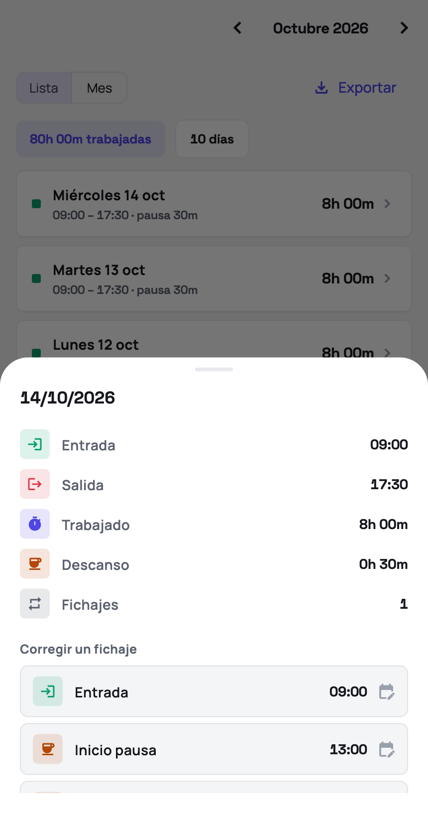 Detalle diario real con datos ficticios