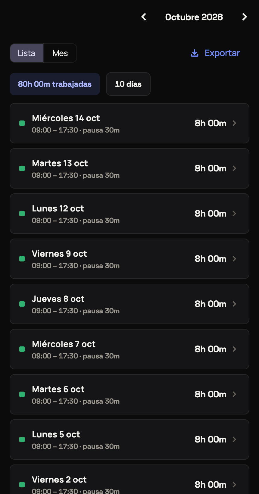 Consulta de fichajes en modo oscuro con datos ficticios